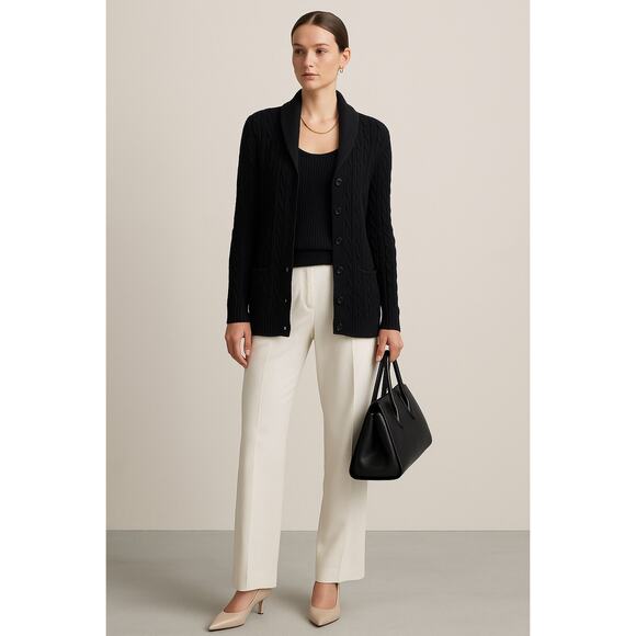 Ralph Lauren Shawl Collar Shell Set Tank Cardigan Sweater Medium Black Cotton - Picture 1 of 9